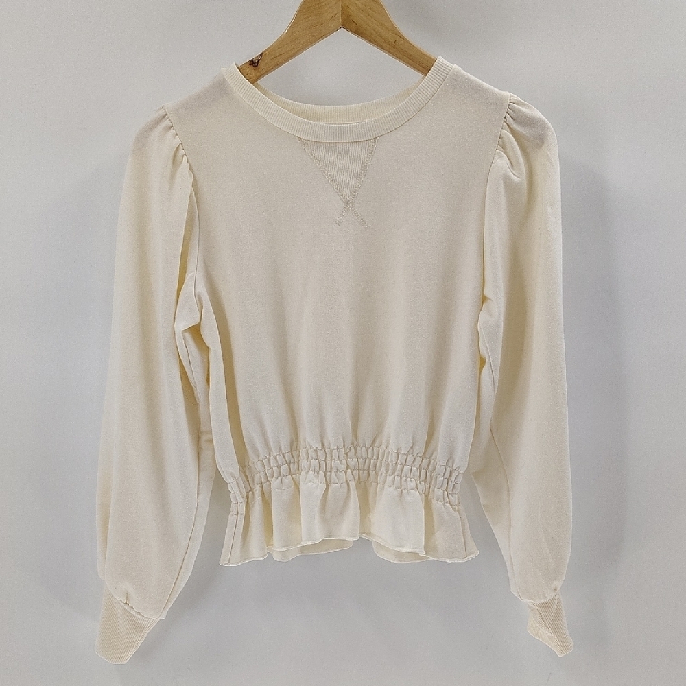 Almost Famous Top Small Fleece Cream Smocked Crop Long Sleeve